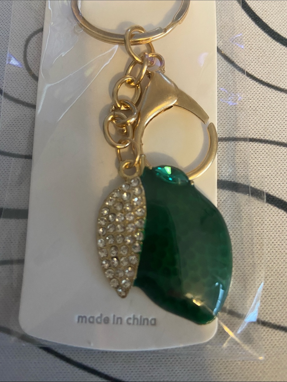 Green Gem Leaf Keychain with Rhinestone Accent